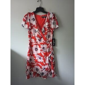 Karl Lagerfeld Women's Size 4 Faux Wrap Dress Floral Mini Red Ruffle Hem NWT 138
